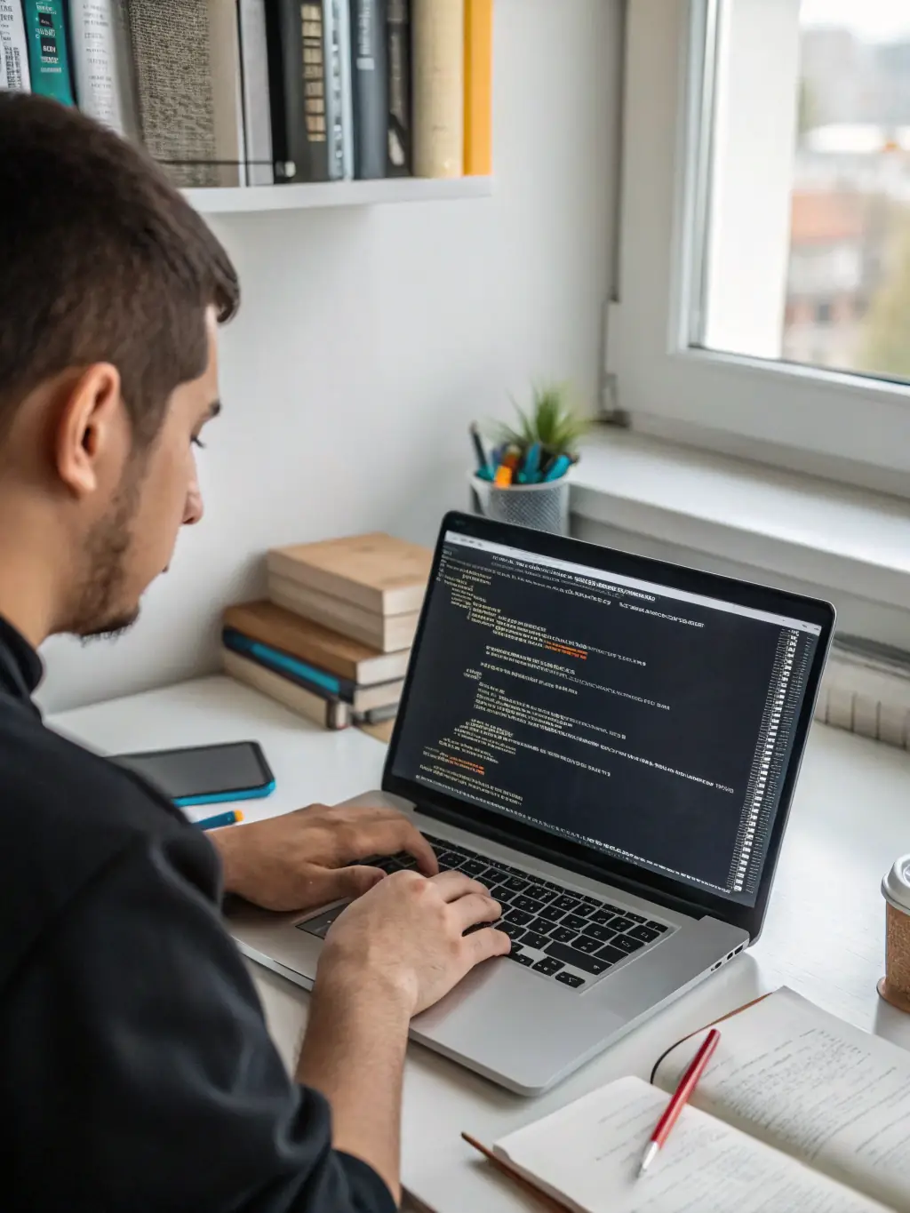 An image showcasing a developer working on a Drupal website interface on a computer screen, focusing on code and Drupal's admin panel.