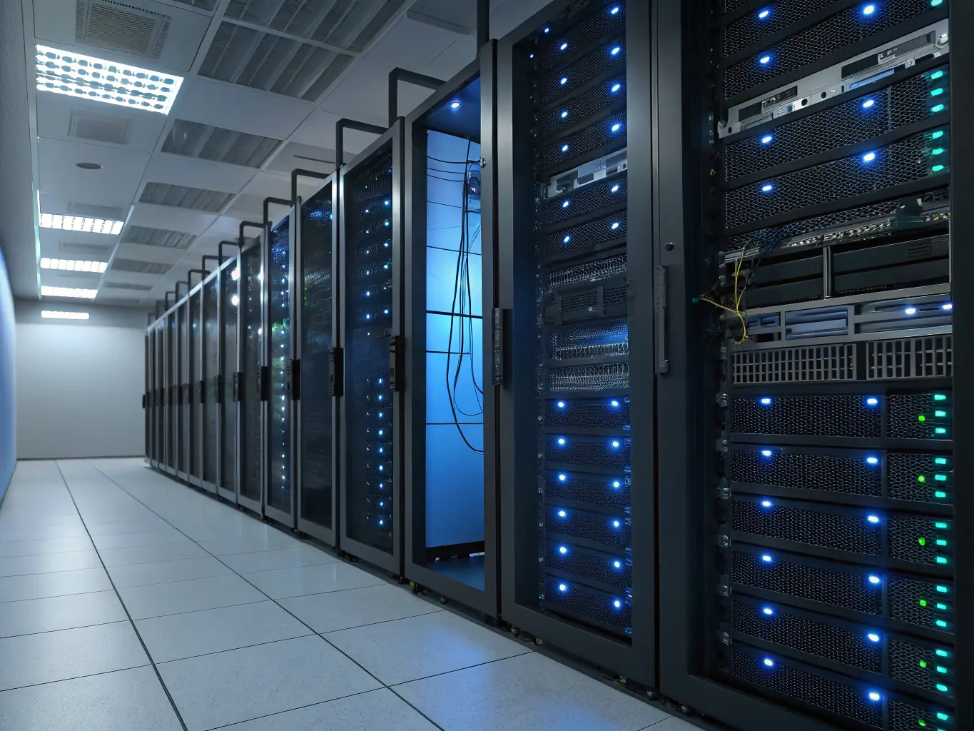 A server room with blinking lights, symbolizing the robust and reliable hosting and maintenance services provided by Webfordreams LLC.